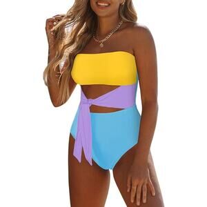 Viottiset Ruched One Piece Tummy Control High Cut Cheeky Blue/Yellow, S (4-6)